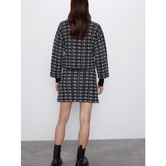 ZARA Chunky Knit Plaid Jacket Jewel Button Double Breasted Blazer Black White - Picture 6 of 16